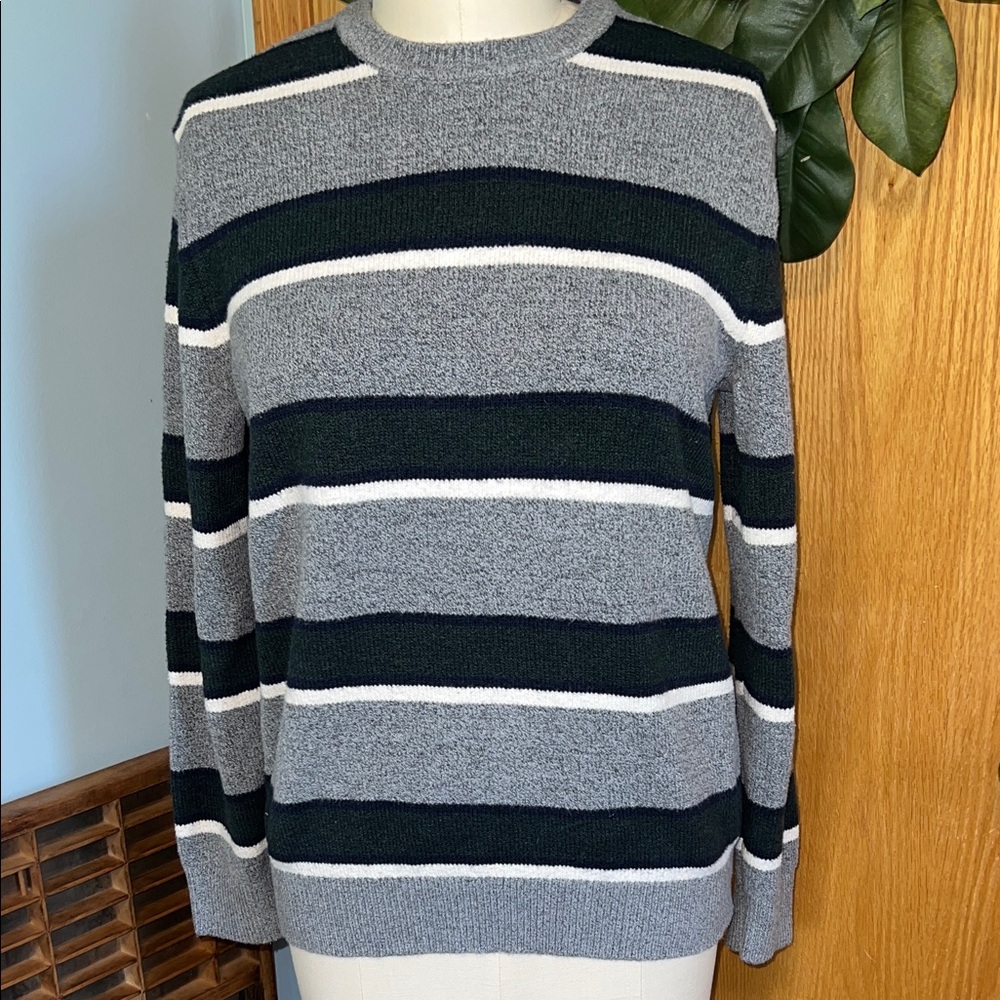 Banana Republic Gray Green Navy  Striped Crewneck Sweater Size Medium soft heavy
